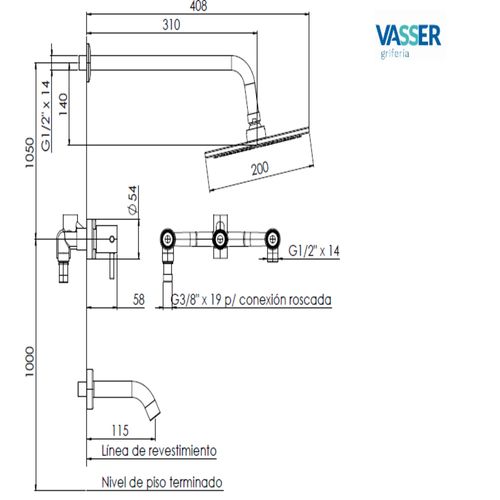 Grifería de Ducha y Bañera con Transferencia Vasser Onix 21A/1041