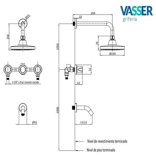 Grifería Ducha y Bañera con Transferencia Vasser Galena 22/1040