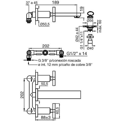 Grifería de Lavatorio Fv 85 Dominic de Pared Cruz Cromo 203R/85