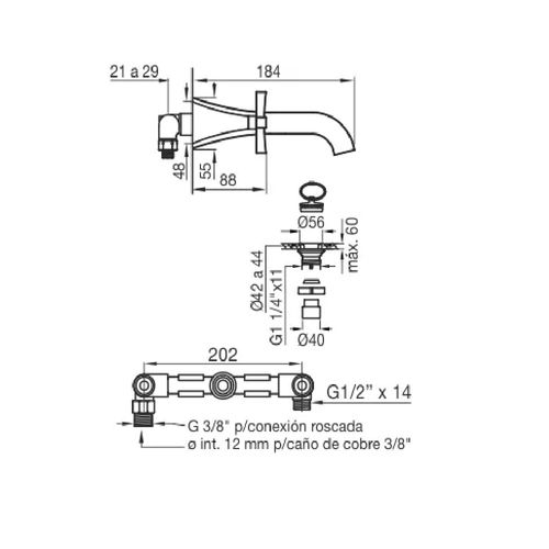 Grifería de Lavatorio Fv H3 Urbano de Pared Cruz Cromo 0203/H3