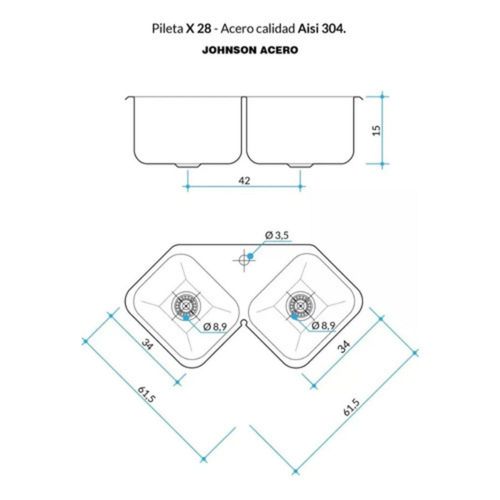 Bacha de Cocina Johnson 304 Doble X28 Esquinera