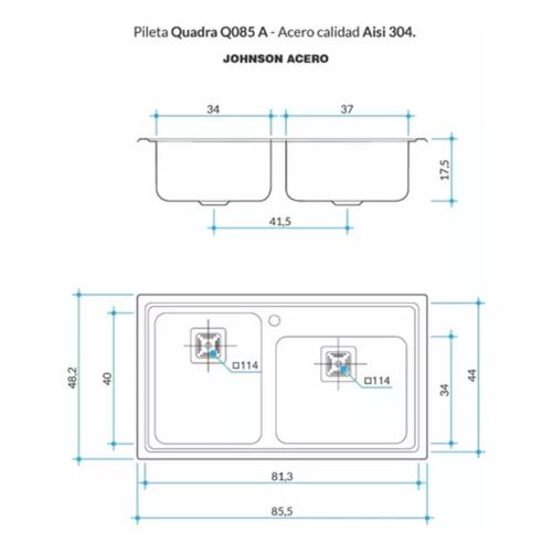 Bacha de Cocina Johnson Quadra Q085A con Orificio Dosificador Derecho